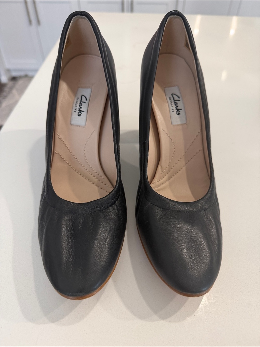 Clarks Black Leather Classic Round-Toe Heels